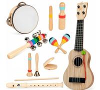 11 in 1 Musical Instruments Set, Beginner Guitar Kit with Playable Ukulele & 10 Rhythm Accessories, Complete Music Ensemble, Compact Sized Starter Pack for Learning