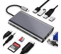 11-in-1 USB C Hub with PD 100W, 4K HDMI, VGA, Ethernet, 1 x USB 3.0, 3 x USB 2.0, SD/TF Card Reader, 3.5 mm Aux Ports for iPhone 16/15, iPad, Samsung, Mac, Laptop, Compatible with MacBook Pro/Air