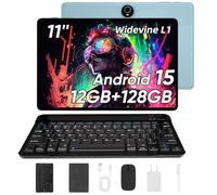 11 Inch Tablet with Keyboard, Android 15 Tablets, 12GB+128GB, 1TB Expand, 8000mAh Battery, 5MP+8MP Camera, Dual Band WiFi 6, IPS Touch Screen, Mouse/Stylus/Case/Charger Inside, Great Gift -Blue Set