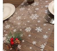 11 Inches 10 Yards Christmas Table Runner White Glitter Snowflakes Star White Organza Tulle Roll Organza Table Runner for DIY Crafts Christmas Table Decorations Xmas Party Decor Gift Wrapping