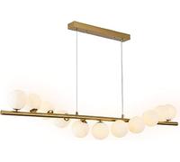 11 Lights Mid Century Linear Chandelier 47" Gold Long Lamp 3D Moon White Milk Ball Ceiling Pendant Light for Kitchen Island Bedroom Living Room Dining Room Table Restaurant