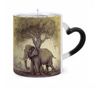 11 Oz Asian Elephant with Tree Color Changing Coffee Mug, Heat Sensitive Ceramic Cup with Heart Handle, Novelty Magic Cup, Dishwasher Safe, Funny Custom Gifts for Coffee Lovers Women Men