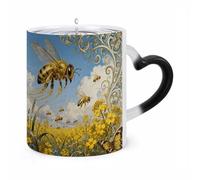 11 Oz Bee Rapeseed Field Color Changing Coffee Mug, Heat Sensitive Ceramic Cup with Heart Handle, Novelty Magic Cup, Dishwasher Safe, Funny Custom Gifts for Coffee Lovers Women Men