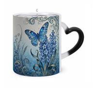 11 Oz Butterfly Hyacinth Cluster Color Changing Coffee Mug, Heat Sensitive Ceramic Cup with Heart Handle, Novelty Magic Cup, Dishwasher Safe, Funny Custom Gifts for Coffee Lovers Women Men