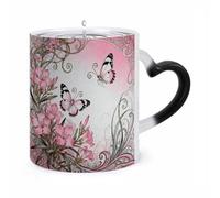 11 Oz Butterfly Oleander Cluster Color Changing Coffee Mug, Heat Sensitive Ceramic Cup with Heart Handle, Novelty Magic Cup, Dishwasher Safe, Funny Custom Gifts for Coffee Lovers Women Men