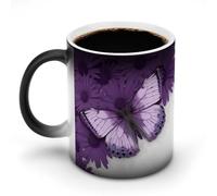 11 Oz Color Changing Coffee Mug, Purple Butterfly Heat Sensitive Ceramic Cup with Handle, Novelty Magic Cup, Dishwasher Safe, Funny Custom Gifts for Coffee Lovers Women Men