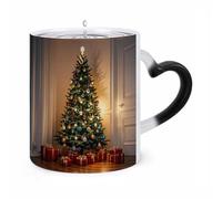11 Oz Color Changing Mug - Heat Sensitive Ceramic Cup with Heart Handle, Christmas Tree Adorned with Light Bulbs And Bells Coffee Mug Reveals Hidden Design Tea Cup Magic Mugs Funny Gifts for Christmas