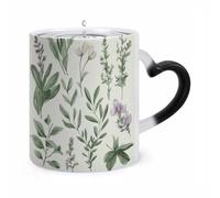 11 Oz Color Changing Mug - Heat Sensitive Ceramic Cup with Heart Handle, Green Flower Herb Sage Leaves And Branches Coffee Mug Reveals Hidden Design Tea Cup Magic Mugs Funny Gifts for Christmas, Birth