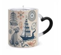 11 Oz Color Changing Mug - Heat Sensitive Ceramic Cup with Heart Handle, Lighthouse Sailboat Fish Shells Octopus Coffee Mug Reveals Hidden Design Tea Cup Magic Mugs Funny Gifts for Christmas, Birthday