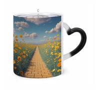 11 Oz Color Changing Mug - Heat Sensitive Ceramic Cup with Heart Handle, Poppies Field Yellow Brick Road Coffee Mug Reveals Hidden Design Tea Cup Magic Mugs Funny Gifts for Christmas, Birthday