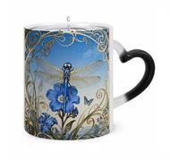 11 Oz Dragonfly Forget-me-not Color Changing Coffee Mug, Heat Sensitive Ceramic Cup with Heart Handle, Novelty Magic Cup, Dishwasher Safe, Funny Custom Gifts for Coffee Lovers Women Men