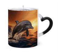 11 Oz Dusk Dolphin Color Changing Coffee Mug, Heat Sensitive Ceramic Cup with Heart Handle, Novelty Magic Cup, Dishwasher Safe, Funny Custom Gifts for Coffee Lovers Women Men