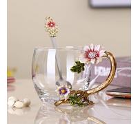 11 OZ Enamel Sunflower Crystal Lead-Free Glass Tea Cup with Spoon Set, Present for Valentine's Day.Best Present for Mother, Grandma, Girlfriend, Sister.