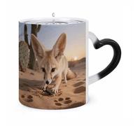 11 Oz Fennec Fox Digging Color Changing Coffee Mug, Heat Sensitive Ceramic Cup with Heart Handle, Novelty Magic Cup, Dishwasher Safe, Funny Custom Gifts for Coffee Lovers Women Men