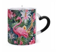 11 Oz Flamingo Floral Pattern Color Changing Coffee Mug, Heat Sensitive Ceramic Cup with Heart Handle, Novelty Magic Cup, Dishwasher Safe, Funny Custom Gifts for Coffee Lovers Women Men