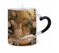 11 Oz Golden Cat Champagne Pad Color Changing Coffee Mug, Heat Sensitive Ceramic Cup with Heart Handle, Novelty Magic Cup, Dishwasher Safe, Funny Custom Gifts for Coffee Lovers Women Men