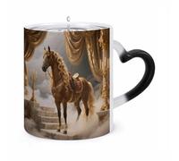 11 Oz Golden Horse Color Changing Coffee Mug, Heat Sensitive Ceramic Cup with Heart Handle, Novelty Magic Cup, Dishwasher Safe, Funny Custom Gifts for Coffee Lovers Women Men