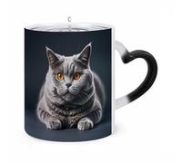 11 Oz Gray Cat Color Changing Coffee Mug, Heat Sensitive Ceramic Cup with Heart Handle, Novelty Magic Cup, Dishwasher Safe, Funny Custom Gifts for Coffee Lovers Women Men