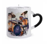 11 Oz Jazz Drum Color Changing Coffee Mug, Heat Sensitive Ceramic Cup with Heart Handle, Novelty Magic Cup, Dishwasher Safe, Funny Custom Gifts for Coffee Lovers Women Men