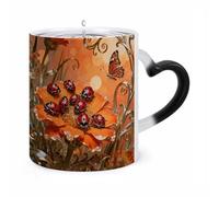 11 Oz Ladybug Marigold Bloom Color Changing Coffee Mug, Heat Sensitive Ceramic Cup with Heart Handle, Novelty Magic Cup, Dishwasher Safe, Funny Custom Gifts for Coffee Lovers Women Men
