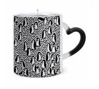 11 Oz Little Penguin Doodle Color Changing Coffee Mug, Heat Sensitive Ceramic Cup with Heart Handle, Novelty Magic Cup, Dishwasher Safe, Funny Custom Gifts for Coffee Lovers Women Men
