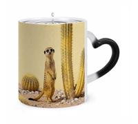 11 Oz Meerkat by Cactus Color Changing Coffee Mug, Heat Sensitive Ceramic Cup with Heart Handle, Novelty Magic Cup, Dishwasher Safe, Funny Custom Gifts for Coffee Lovers Women Men