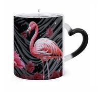 11 Oz Pink Flamingo Color Changing Coffee Mug, Heat Sensitive Ceramic Cup with Heart Handle, Novelty Magic Cup, Dishwasher Safe, Funny Custom Gifts for Coffee Lovers Women Men