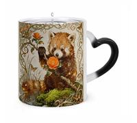 11 Oz Red Panda Camellia Color Changing Coffee Mug, Heat Sensitive Ceramic Cup with Heart Handle, Novelty Magic Cup, Dishwasher Safe, Funny Custom Gifts for Coffee Lovers Women Men