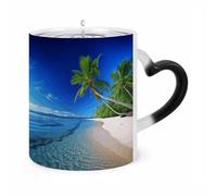 11 Oz Sea Sky Palm Tree Color Changing Coffee Mug, Heat Sensitive Ceramic Cup with Heart Handle, Novelty Magic Cup, Dishwasher Safe, Funny Custom Gifts for Coffee Lovers Women Men