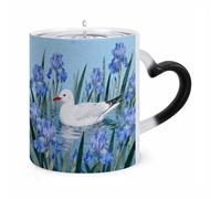 11 Oz Seagull by Iris Flower Color Changing Coffee Mug, Heat Sensitive Ceramic Cup with Heart Handle, Novelty Magic Cup, Dishwasher Safe, Funny Custom Gifts for Coffee Lovers Women Men