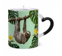11 Oz Sloth on Green Branches Color Changing Coffee Mug, Heat Sensitive Ceramic Cup with Heart Handle, Novelty Magic Cup, Dishwasher Safe, Funny Custom Gifts for Coffee Lovers Women Men
