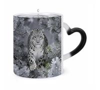 11 Oz Snow Leopard in Pine Color Changing Coffee Mug, Heat Sensitive Ceramic Cup with Heart Handle, Novelty Magic Cup, Dishwasher Safe, Funny Custom Gifts for Coffee Lovers Women Men