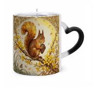 11 Oz Squirrel Forsythia Branch Color Changing Coffee Mug, Heat Sensitive Ceramic Cup with Heart Handle, Novelty Magic Cup, Dishwasher Safe, Funny Custom Gifts for Coffee Lovers Women Men