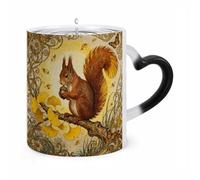 11 Oz Squirrel Ginkgo Branch Color Changing Coffee Mug, Heat Sensitive Ceramic Cup with Heart Handle, Novelty Magic Cup, Dishwasher Safe, Funny Custom Gifts for Coffee Lovers Women Men