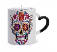 11 Oz Sugar Skull Color Changing Coffee Mug, Heat Sensitive Ceramic Cup with Heart Handle, Novelty Magic Cup, Dishwasher Safe, Funny Custom Gifts for Coffee Lovers Women Men