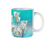 11 oz White Ceramic Mug with Exquisite Fade-Resistant Prints - Perfect for Coffee, Tea, Latte, Hot Cocoa - Dishwasher Safe, Anti-Tip Design for Home, Office & Café Use Tulip Pattern
