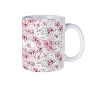 11 oz White Ceramic Mug with Exquisite Fade-Resistant Prints - Perfect for Coffee, Tea, Latte, Hot Cocoa - Dishwasher Safe, Anti-Tip Design for Home, Office & Café Use Almond Blossom Pattern