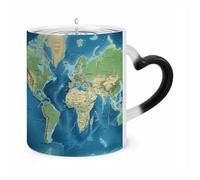 11 Oz World Map Color Changing Coffee Mug, Heat Sensitive Ceramic Cup with Heart Handle, Novelty Magic Cup, Dishwasher Safe, Funny Custom Gifts for Coffee Lovers Women Men