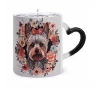 11 Oz Yorkie Floral Color Changing Coffee Mug, Heat Sensitive Ceramic Cup with Heart Handle, Novelty Magic Cup, Dishwasher Safe, Funny Custom Gifts for Coffee Lovers Women Men