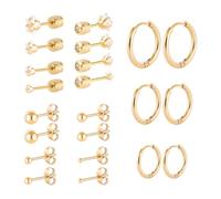 11 Pairs Flat Back Stud Hoop Earrings Set for Multiple Piercing, Screw Back Surgical Stainless Steel Heart Star Square Round CZ Stud Earrings For Women (Gold star ball hoop)