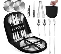 11 Pcs Camping Cutlery Set with Spoons Forks Plates, Reusable Stainless Steel Picnic Utensils for 2 Person, Portable Travel Tableware Kit for Outdoor Hiking, Road Trips, Adventures, Picnics