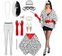 11-PCS Cruella Costume Accessories Set, Black White Shawl Wig Outfit Kit | Cruella Deville Costume Fancy Dress Includes Hairnet and 9 Accessories for Halloween, World Book Day Cosplay Masquerade Party