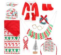 11 PCS Elf Doll Accessories Props Clothes Idea for Naughty Elf, Sleeping Bag Set with Christmas Plaid Sleeping Bag, Bathrobe, Glasses, Apron, The Shelf Kit for Elf Doll Decorations