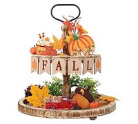 11 PCS Fall Farmhouse Tiered Tray Decor Set, Pumpkin Maple Leaves Acorn Wooden Signs Small Farmhouse Fall Decor Thanksgiving Autumn Harvest Table Ornaments, Tray Not Included(yellow)