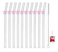 11 PCS Glass Straws Drinking, Drinking Straws, Clear Straws with Pink Bow Charms 10 Straws + 1 Cleaning Brush, 20cm for Smoothies Tea Coffee Milkshakes