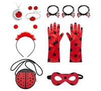 11 Pcs Ladybug Costume Kids, Lady Bug Accessories Set Mask Bag Hair Bands Gloves Necklace Earrings Bracelet Headband, Red Black Polka Dots Ladybird Costume Girls for Party Halloween Birthday Gift