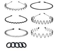 11 PCS Metal Headband Mens Hair Band Non-Slip Sports Hair Hoop Include Five rubber bands, Black Wavy Fashion Hair Band for Workouts, Tennis & Outdoor Activities