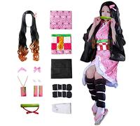 11 pcs Nezuko Cosplay Costume Kimono for Kids Adults Robe Japanese Anime Costume Halloween Kimono Outfit with Wig, Pink, Kids-150cm/59in