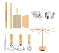 11 PCS Pasta Making Tool Set, Wood Pasta Making Kit with Drying Rack, Gnocchi Board, Plain and Grooved Rolling Pins, Square and Round Ravioli Moulds, Cutter Wheel, Dumpling Press, Marker