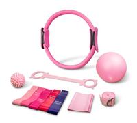 11 Pcs Pilates Ring Set for Home Workout, Includes Magic Circle, Mini Exercise Ball, Resistance Bands, Yoga Strap and Massage Ball, Full Body Training Set for Women, Pilates Essentials, Pink